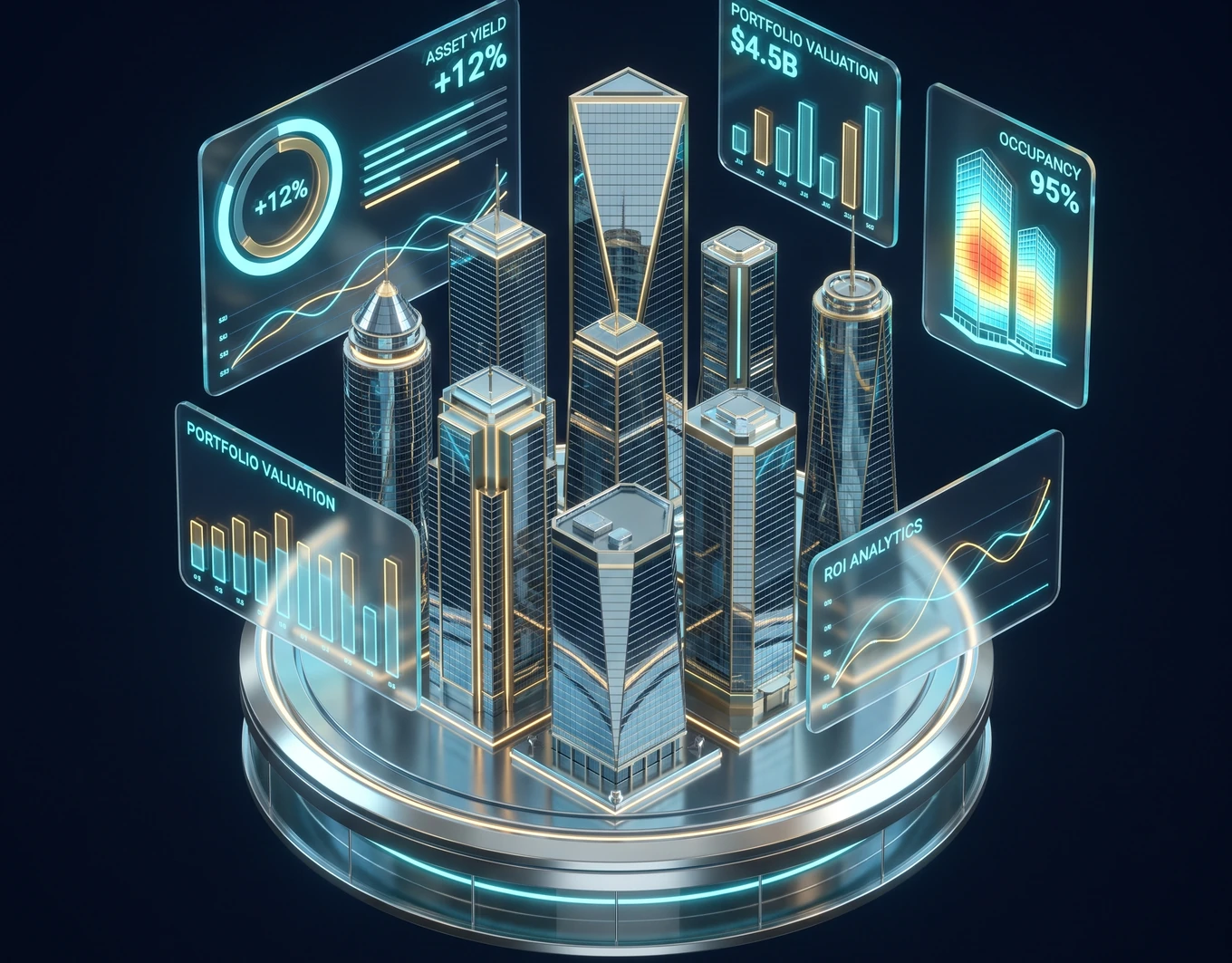 Isometric 3D model of a managed property portfolio with asset yield, valuation, occupancy and ROI analytics panels
