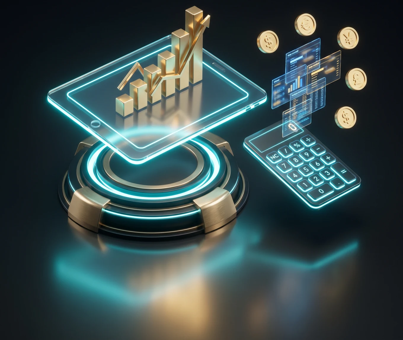 Futuristic finance concept: a transparent tablet with a rising gold bar chart and arrow above a glowing circular base, with a holographic calculator, data panels and gold currency coins