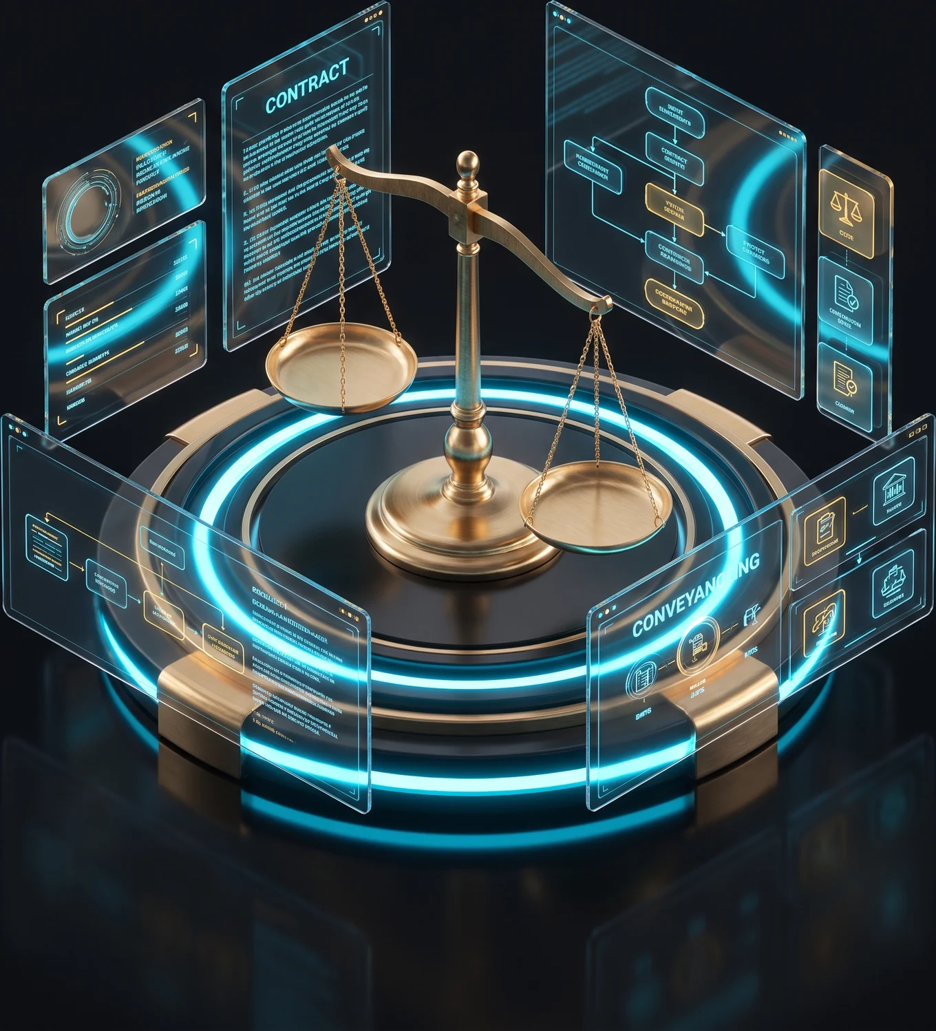Futuristic legal-technology concept: a golden balance scale on a glowing circular platform, surrounded by translucent holographic panels labelled Contract and Conveyancing, with flowcharts for property and legal processes