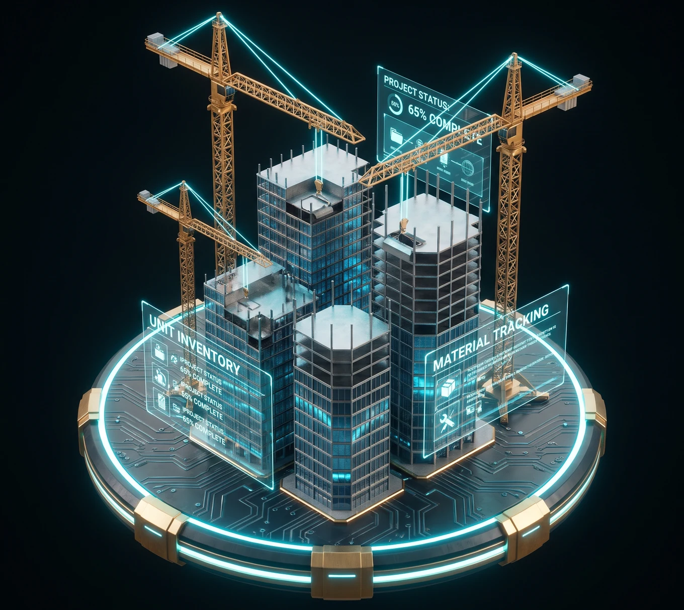 Isometric 3D illustration of a smart construction site: high-rise buildings under three tower cranes on a circuit-board platform, with holographic panels showing project status, unit inventory and material tracking